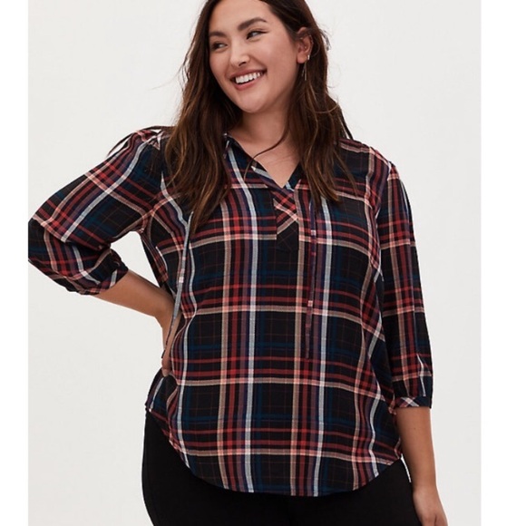 TORRID Black and multi plaid peasant blouse